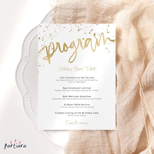 Programa All White Gold para impressão, programa para festa de aniversário de senhoras, mesa de eventos, download digital, modelo editável de decoração de confete P493