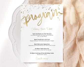 Alle White Gold Programm Druckbare Damen Geburtstag Dinner Party Tisch Event Programme Digitaler Download Confetti Decor Editierbare Vorlage P493