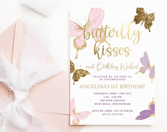 Butterfly Kisses 1st Birthday Invitation Template, Pink Lilac Printable (Editable Download) P345