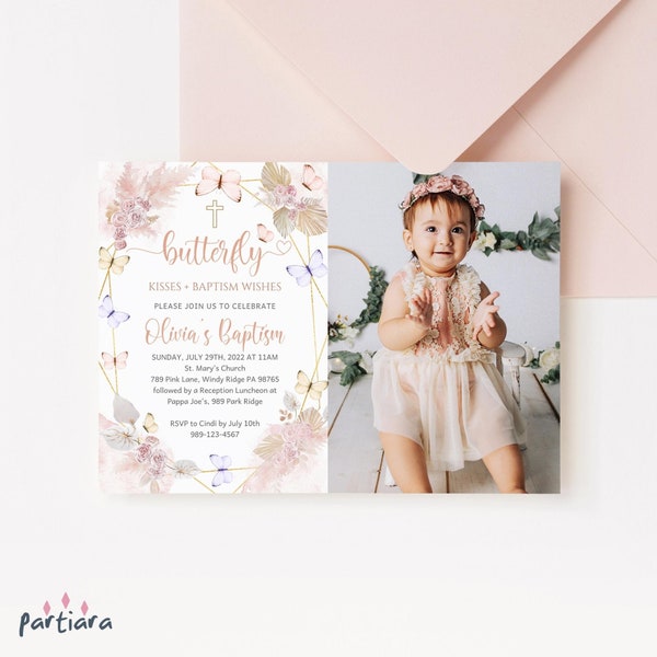 Butterfly Kisses Baptism Invitation Girl Printable Pastel Blush Pink Pampas Grass Floral Butterflies Photo Invite Editable Template P171