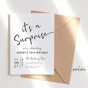 Birthday Surprise Party Invitation for Men Printable Black and White Minimalist Invite Editable Digital Download Template