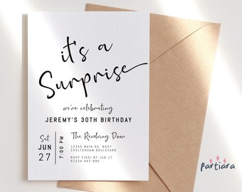 Birthday Surprise Party Invitation for Men Printable Black and White Minimalist Invite Editable Digital Download Template