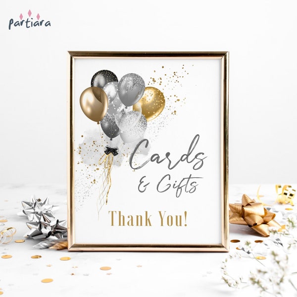 Mens Birthday Gift Table Sign Editable Cards and Gifts Party 8x10 Template Printable Black Silver Gold Balloons Decor Digital Download P251