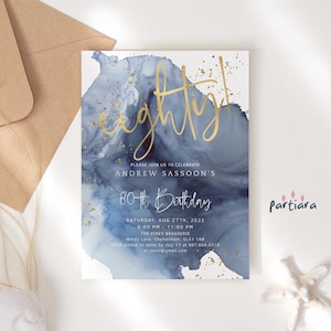 80th Birthday Invite Blue Gold Mens Eighty Lunch or Dinner Surprise Invitations Printable Editable Digital Download Template P239