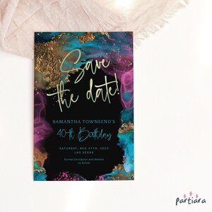 Damen speichern die Datumskartenvorlage, Meilenstein-Geburtstags-Dinner-Party speichern die Daten zum Ausdrucken, Hot Pink Teal Schwarz Gold Decor, bearbeitbar P750