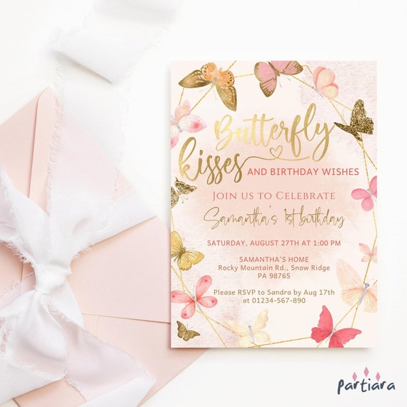 Editable Butterfly Birthday Invitation Printable Pink &amp; Gold Floral ...