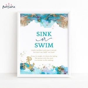 Beach Baby Shower Game Sink or Swim Nautical Party Games Sign Printable, Dont Say Baby Pool Party Decor, Editable Digital Download P243