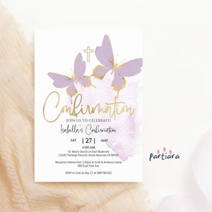 Konfirmation Einladung, Mädchen Schmetterling einladen druckbare, digitale Konfirmation Party bearbeitbare Download, lila lila Gold Dekor P438