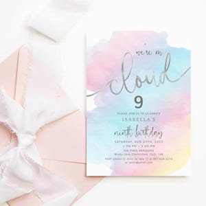 Cloud 9 Birthday Invitation, Girls Coud 9 Rainbow Party Invite Printable, Pastel Silver Decor, Editable Digital Download P179