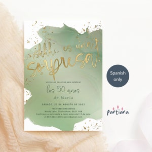 Verrassingsfeest uitnodigen Spaanse verjaardag diner uitnodigingskaart afdrukbare salie groen en goud decor voor dames bewerkbare digitale download P629