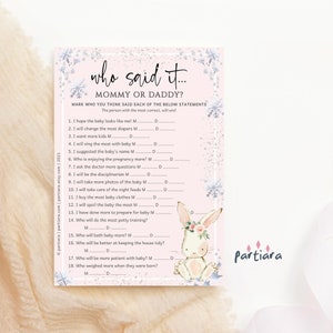 Tarjeta de juego imprimible con el conejito de nieve Who Said It, tarjeta de notas con actividades para fiestas de baby shower de invierno para niñas, copos de nieve plateados y rosa pastel, editable P459