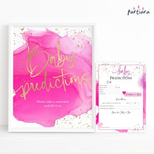 Meisje baby voorspellingen spelbord sjabloon, felroze partij tabel poster en notitiekaart set afdrukbare, bewerkbare digitale download decor P200