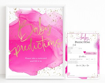 Girl Baby Predictions Game Sign Template, Hot Pink Party Table Poster and Notecard Set Printable, Editable Digital Download Decor P200