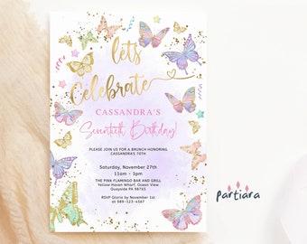 Rainbow Butterflies Birthday Invitation Printable Ladies 70th Brunch Lunch or Dinner Party Invite Editable Digital Download Template P87
