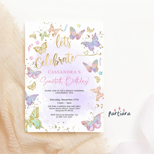 Rainbow Butterflies Birthday Invitation Printable Ladies 70th Brunch Lunch or Dinner Party Invite Editable Digital Download Template P87