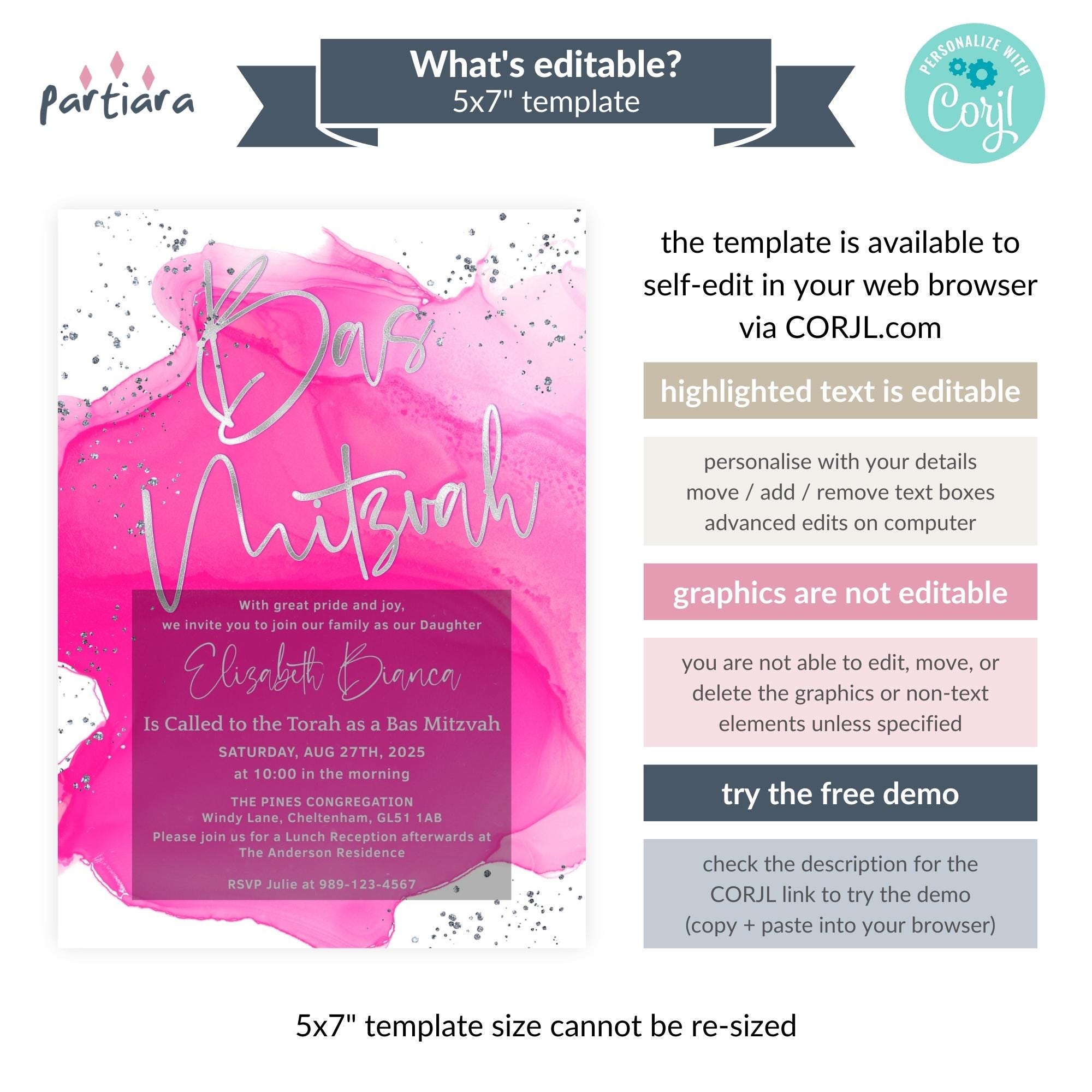 Bas Mitzvah Invitation Template for Girls, Hot Pink Silver Party Invite ...