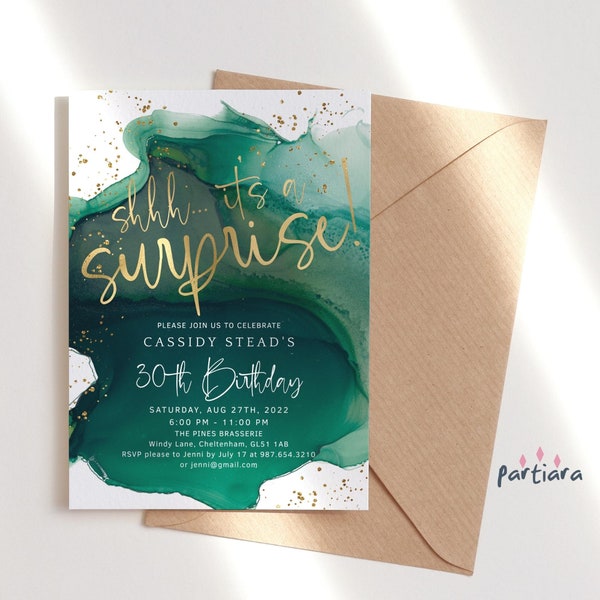 Emerald Gold Surprise Party Invite Printable Ssshh It's a Surprise Birthday Invitation Editable Digital Download Template P132 P257