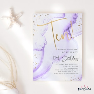 Invitation de fête d'anniversaire à deux chiffres pour fille lilas or 10e anniversaire modèle modifiable piscine jardin BBQ Party P132 P300