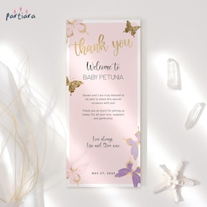 Thank You Birthday Place Setting Card, Girl Butterfly Baby Shower Table Welcome Cards Printable, Pink Purple Decor, Editable Template P345