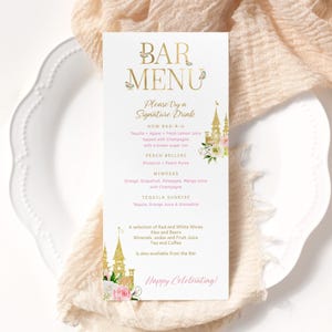 Princess Party Bar Menu Printable Signature Cocktail Drinks Menus Girl Baby Shower Table Decor Blush Pink Castle Floral Decor Editable P137