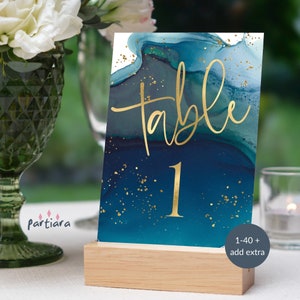 Juego de tarjetas con números de mesa en verde azulado y dorado (1-40), editables para cumpleaños, despedidas de soltera, decoración imprimible, descarga P231