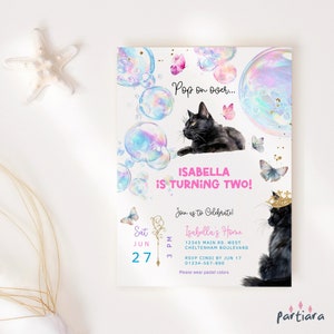 Invito di compleanno con bolle, invito a forma di gatti pop-on, download digitale, decorazione con farfalla rosa e blu stampabile, modello modificabile P872
