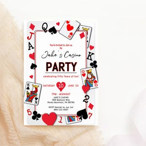 Convite de aniversário de cassino para download Jogo de cartas de pôquer Convite para festa Modelo editável para homens ou mulheres Cartão Corjl para impressão P445