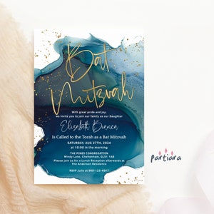 Zaproszenie Bat Micwa do druku, cyfrowe pobieranie DIY Party Invit Cards, Teal Blue Gold Edytowalny cyfrowy szablon do pobrania P231