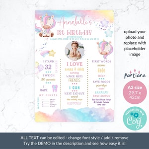 Puede incluir: Un p&oacute;ster de hitos del primer cumplea&ntilde;os imprimible con un tema de unicornio. El p&oacute;ster tiene un fondo de arco&iacute;ris con estrellas y una foto de una ni&ntilde;a peque&ntilde;a. El p&oacute;ster incluye el nombre del beb&eacute;, la fecha de nacimiento, el peso, la altura, las primeras palabras, los alimentos favoritos y las actividades. El texto "Annabellis 1st Birthday" est&aacute; en la parte superior del p&oacute;ster.