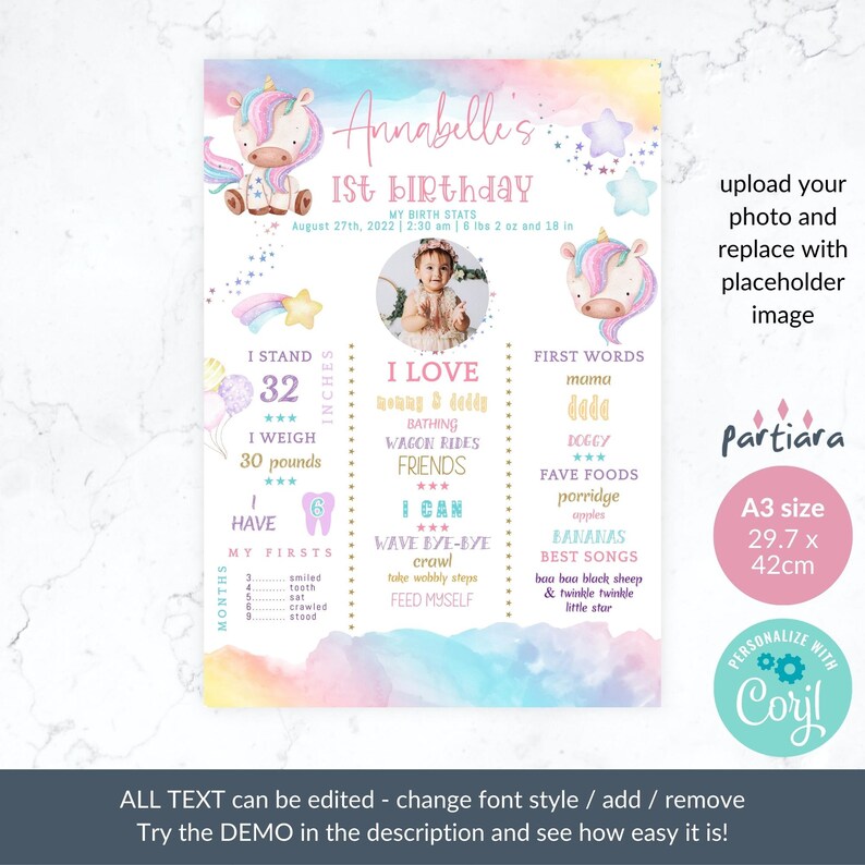 Puede incluir: Un p&oacute;ster de hitos del primer cumplea&ntilde;os imprimible con un tema de unicornio. El p&oacute;ster tiene un fondo de arco&iacute;ris con estrellas y una foto de una ni&ntilde;a peque&ntilde;a. El p&oacute;ster incluye el nombre del beb&eacute;, la fecha de nacimiento, el peso, la altura, las primeras palabras, los alimentos favoritos y las actividades. El texto "Annabellis 1st Birthday" est&aacute; en la parte superior del p&oacute;ster.