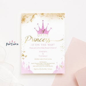 PRINCESS BABY SHOWER Invitation, Pink Gold Crown Girls Fairytale Party Invite Digital Download, Royal Castle Tiara Decor, Editable P137