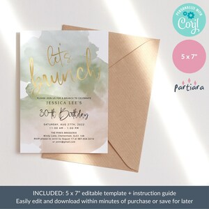 May include: A 5x7 inch invitation with a watercolor design in green and peach tones. The invitation features gold foil lettering that reads "let's brunch" and details for a 30th birthday brunch. Includes a kraft paper envelope.