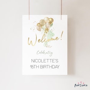 Plantilla de cartel de bienvenida de cumpleaños verde, cartel de bienvenida para fiesta de 16 años de adolescentes imprimible, decoración con globos dorados de menta salvia, editable 18 x 24 P232
