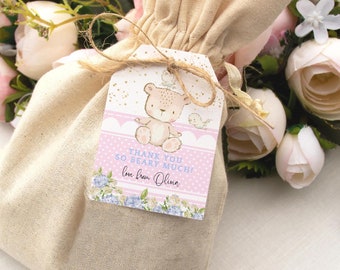 Teddy Bear Favor Gift Tag Girl Baby Shower Party Thank You Favors Label Printable 1st Birthday Teddy Bear Picnic Decor Editable Download P26