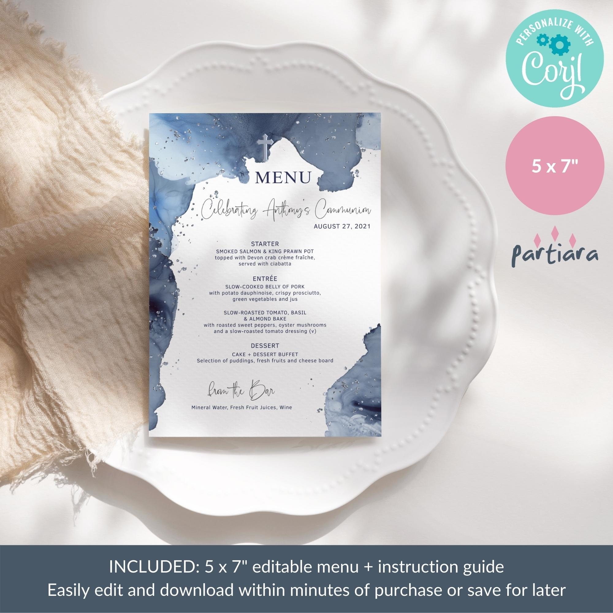 Boy Baptism Party Menu Card Printable Navy Blue Silver 1st Etsy