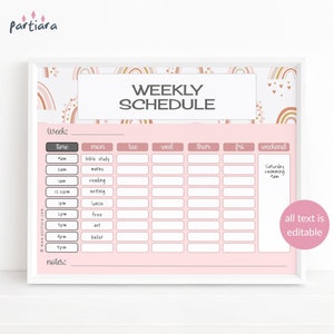 Editable Weekly Planner Kids, Girl Chores Schedule, Toddlers Daily Task Responsibility Chart Printable, Rainbow Calendar Template P136
