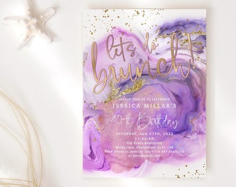 Brunch Party Invitation Editable Adult Birthday Invites Printable Purple Swirl Surprise Invite Digital Download Corjl Template P132 P242