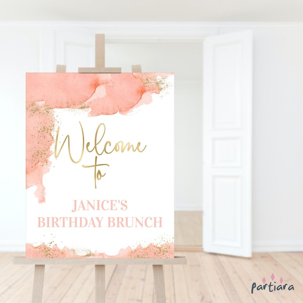 Ladies Birthday Welcome Sign Peach Blush Gold Dinner Party Lunch Brunch Poster Decor Printable Editable 16x20 Digital Download Template P481