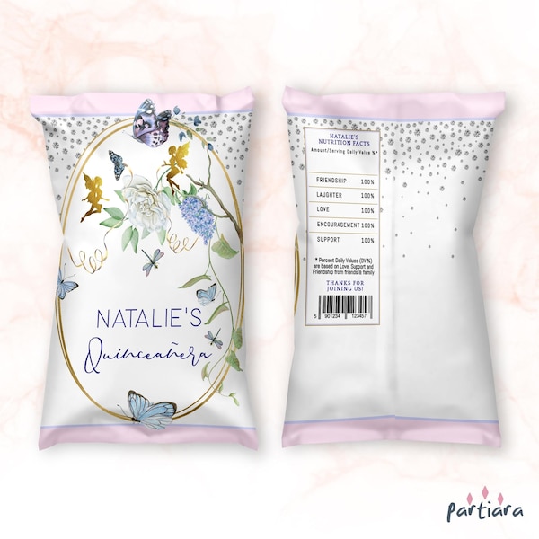 Enchanted Garden Chip Bag Label Editable Template Girl's Quinceanera Butterfly Party Wraps Printable Digital Download DIY Favor Bags P204