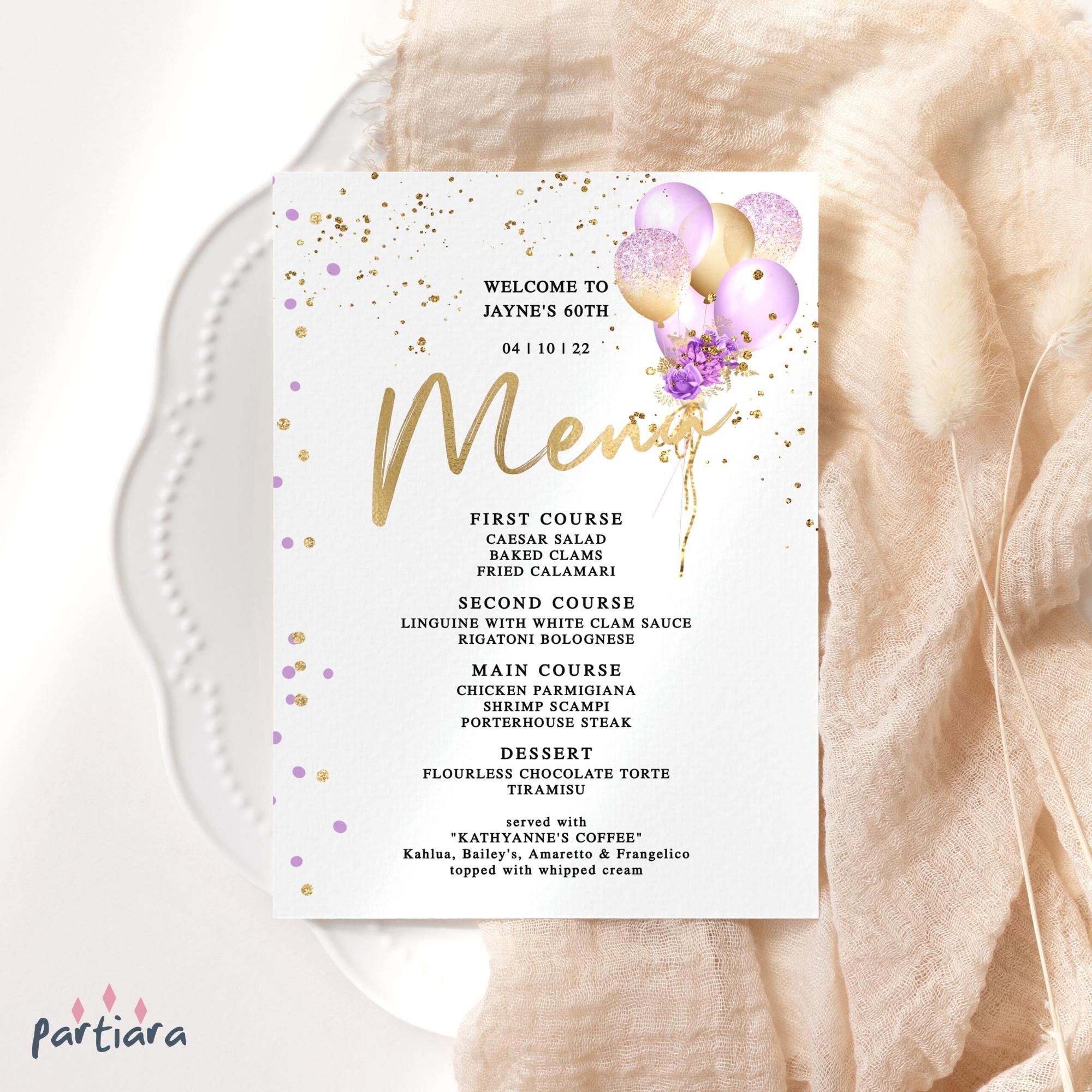 Design & Templates Paper & Party Supplies Lilac Adult Party Menu ...