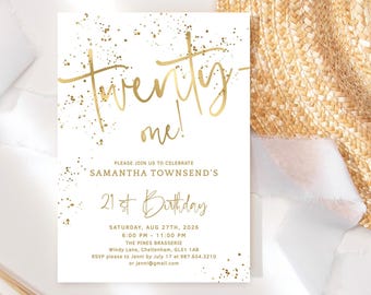 21st Birthday Invitation Template: All White and Gold Twenty One Party Invite Printable, Editable Digital Download P493