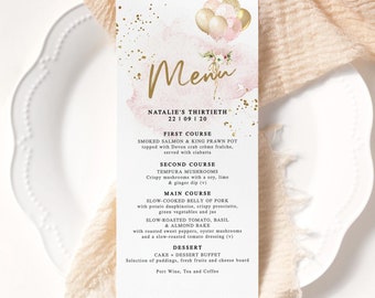 Blush Birthday Celebration Menu Card Online Editable Template, Printable Pink Gold Silver Balloons Wedding, Baby Shower Party Table Menus