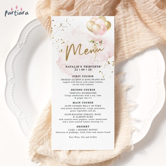 Blush Birthday Celebration Menu Card Online Editable Template, Printable Pink Gold Silver Balloons Wedding, Baby Shower Party Table Menus