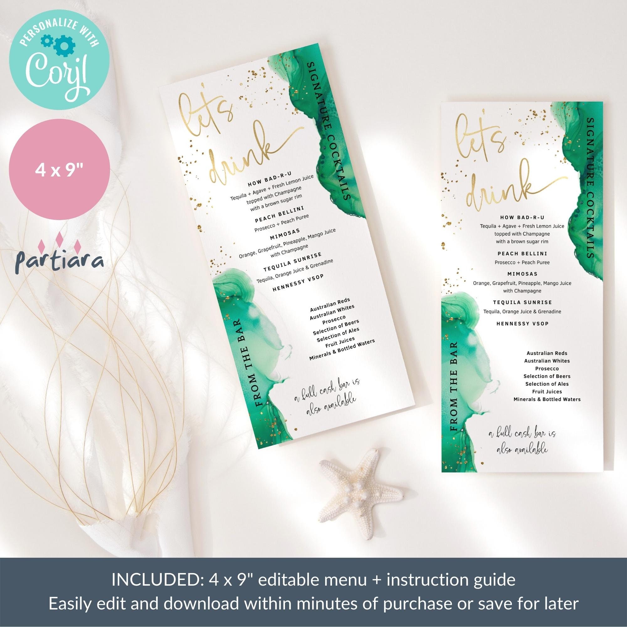 Emerald Birthday Drinks Menu Card Printable, Ladies Green Gold Dinner ...