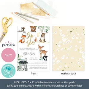 May include: A 5x7 inch printable baby shower invitation with a woodland theme. The invitation features a watercolor illustration of a fox, deer, rabbit, raccoon, owl, and bear. The text on the invitation reads "Sip & See" and "Please join Anthea & Tim and meet their new baby boy! Oliver George". The invitation also includes the date and time of the shower, the location, and RSVP information.