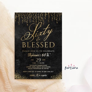 60th Birthday Invitation Black and Gold Dinner Party Template, Ladies Sixty and Blessed Surprise Invite Printable Editable Download P566