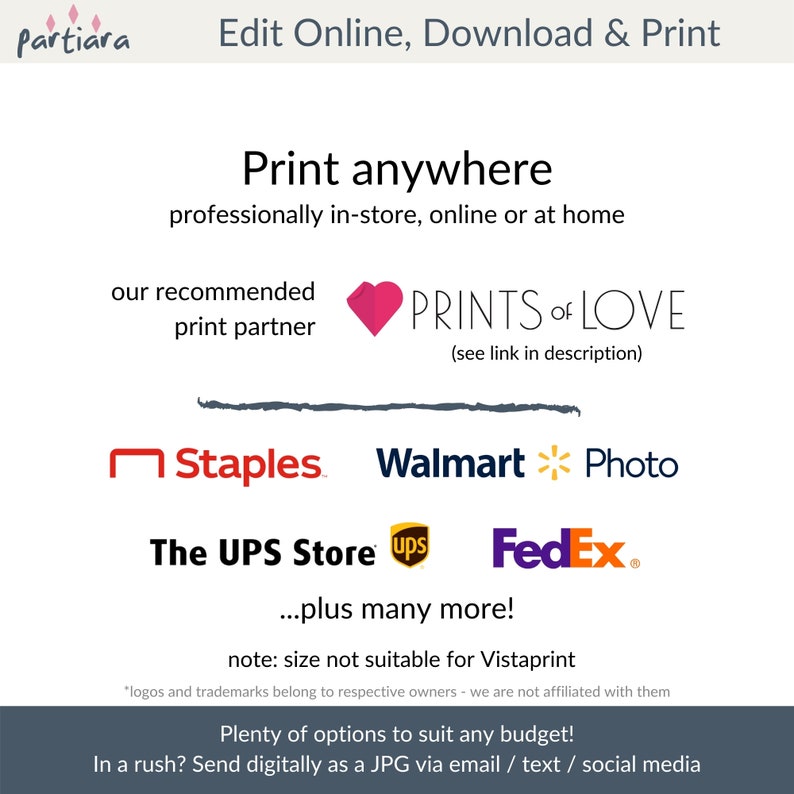 May include: White graphic with the text "Edit Online, Download & Print" and "Print anywhere". Includes logos for Staples, Walmart, The UPS Store, and FedEx. The text "PRINTS OF LOVE" is also visible.