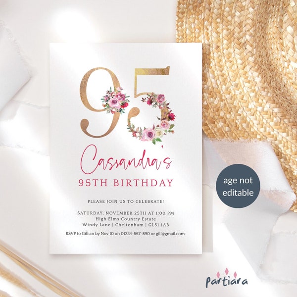 Ladies 95th Birthday Invitation Printable Garden Tea Lunch Party Invites Editable Template Pink Red Roses Gold Decor Digital Download P195