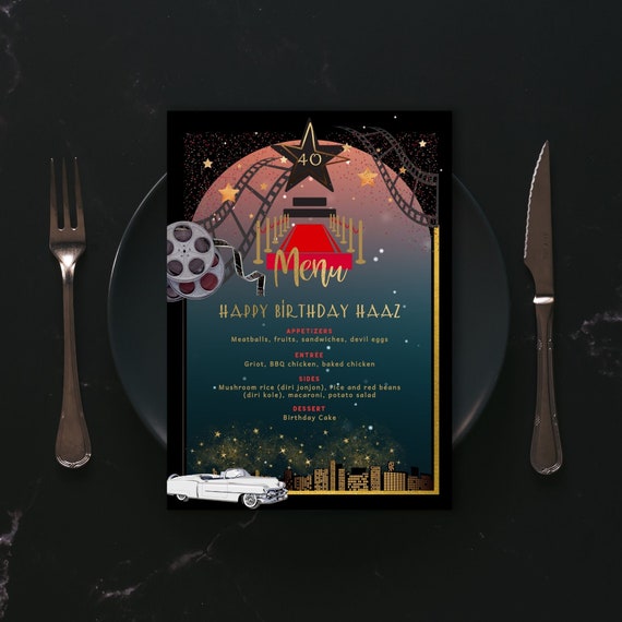 Hollywood Theme Party Menu Card Birthday Menus Red Carpet Etsy UK