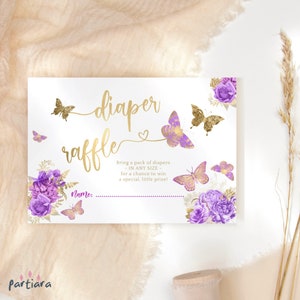 Purple Diaper Raffle Game Card Insert, Butterfly Baby Shower Invitation Inserts Printable, Lilac Floral Decor, Editable Template P36